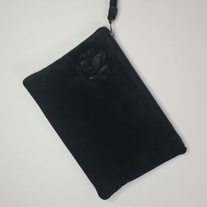 Ruth Saltz Black Suede Wristlet Clutch With Rose